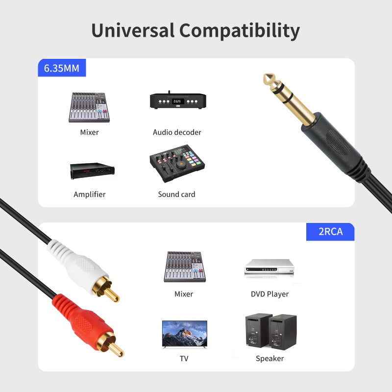 SiYear كابل تقسيم صوتي Y مع موصل TRS ستيريو ذكر 6.35 مم 1/4 بوصة إلى 2 RCA ذكر مطلي بالذهب (1.5 م) - Image 5